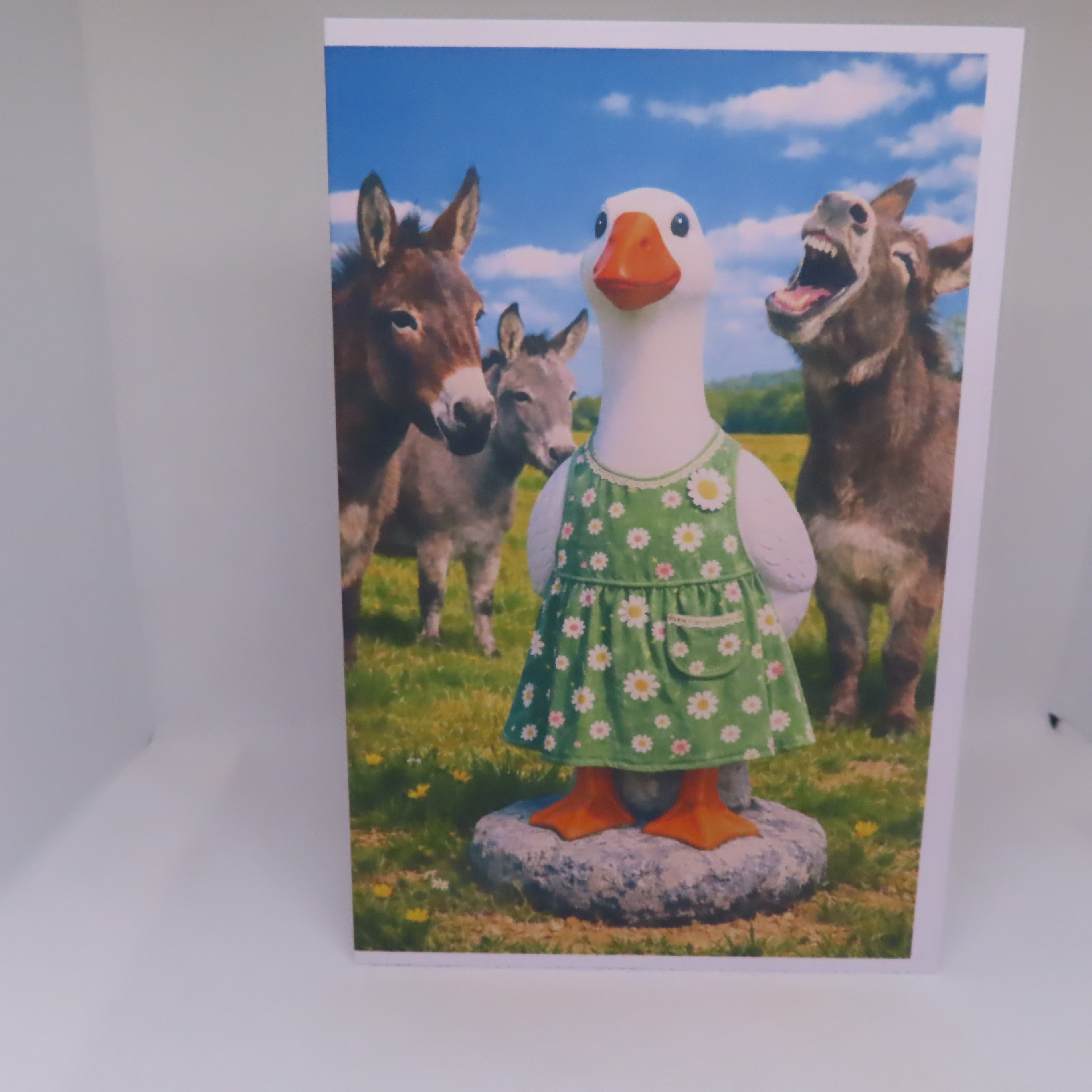 Porch Goose with Funny Donkeys greeting card