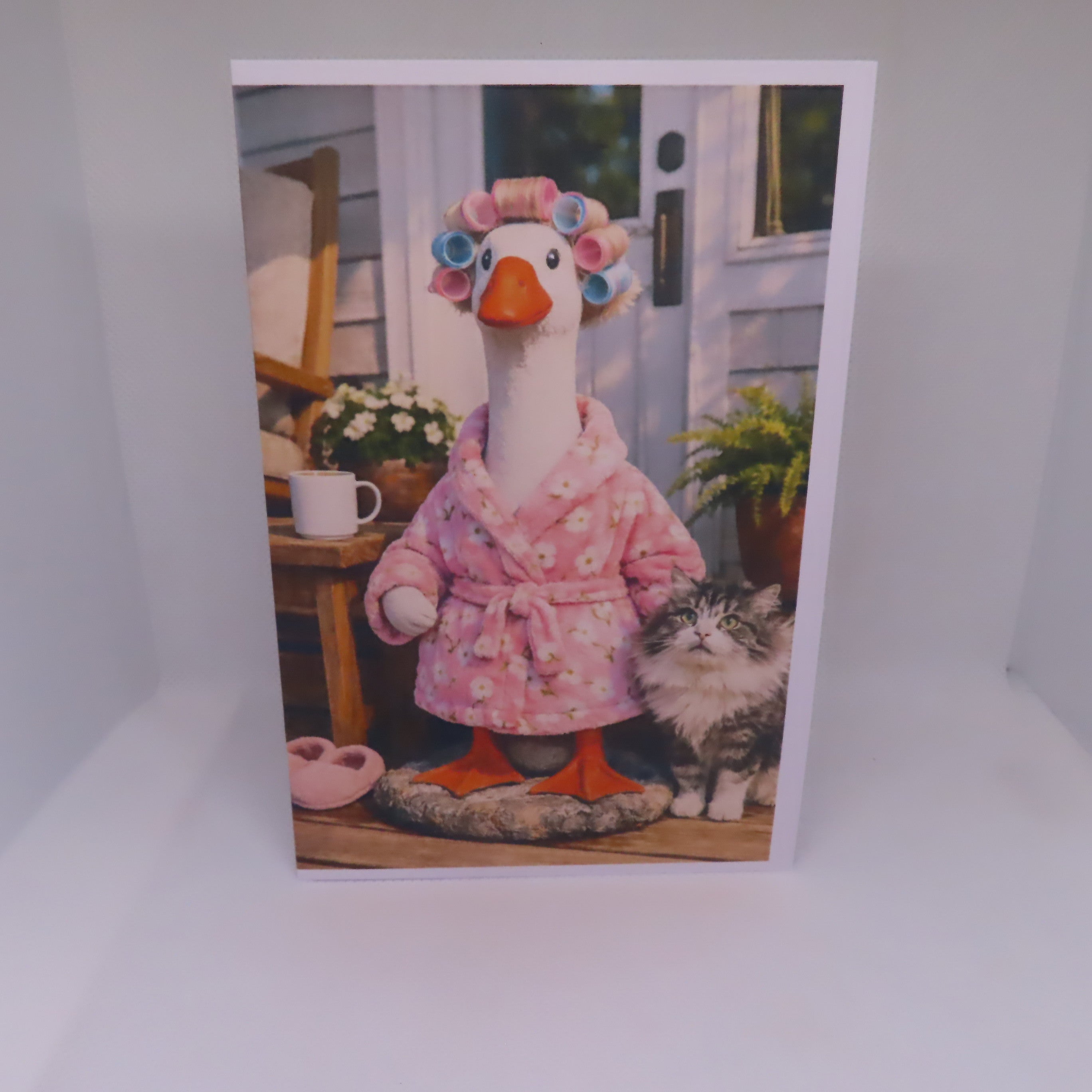 Tired Porch Goose Woman Greeting Card
